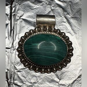 Taxco Mexico Sterling Silver 925 Oval Green Malachite Pendant